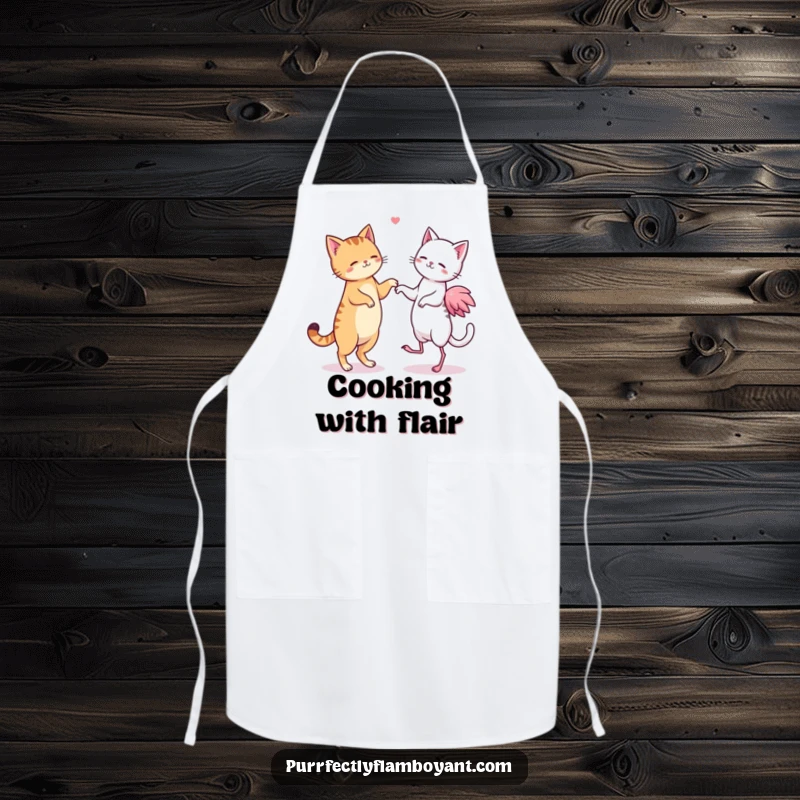 Funny kawaii cat and flamingo duo dancing in an apron, a cute funny gift.