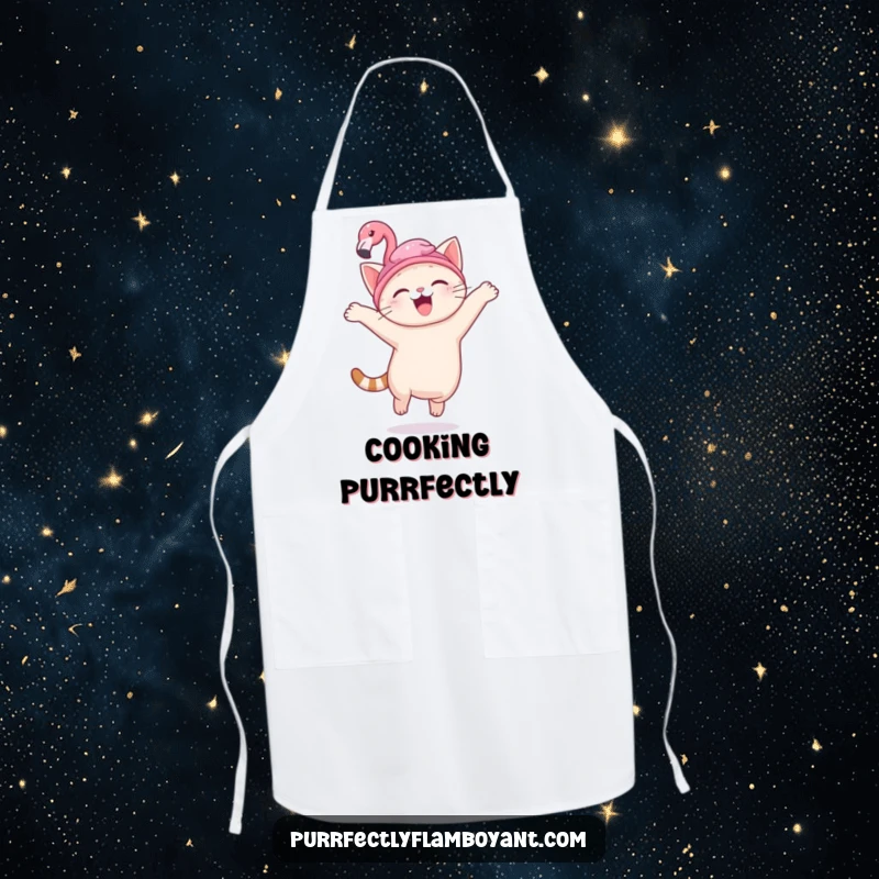 Funny kawaii cat in a flamingo hat, leaping with joy in an apron, a cute funny gift.