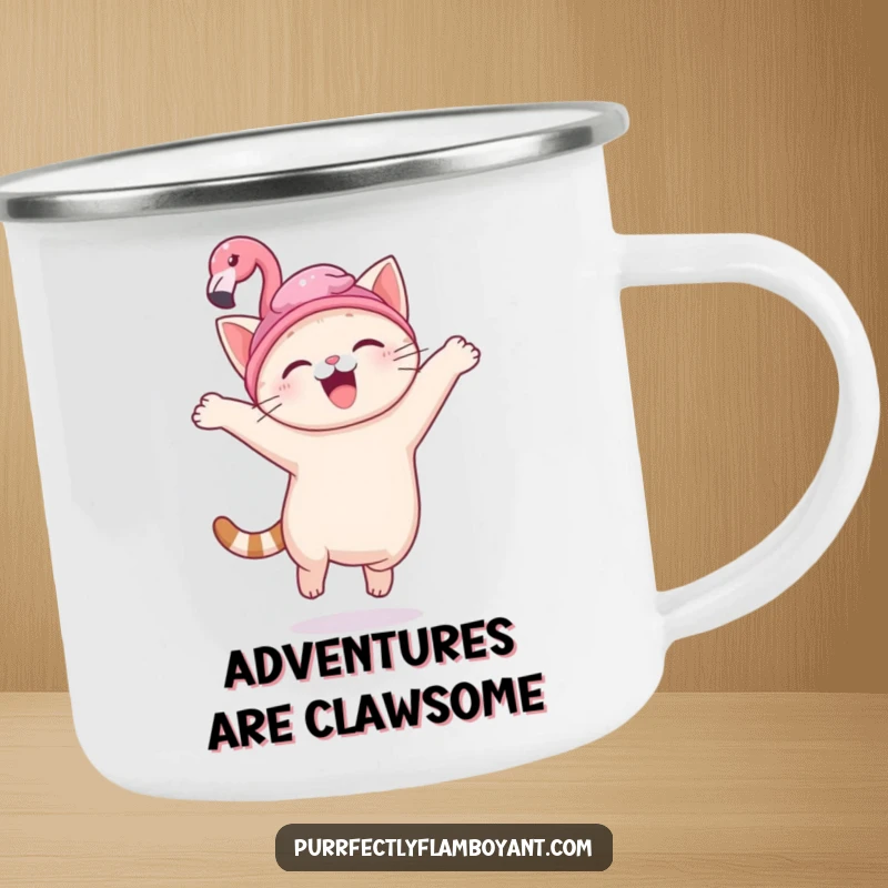 Funny kawaii cat with a flamingo hat, leaping joyfully on a camping mug, a fun funny gift.