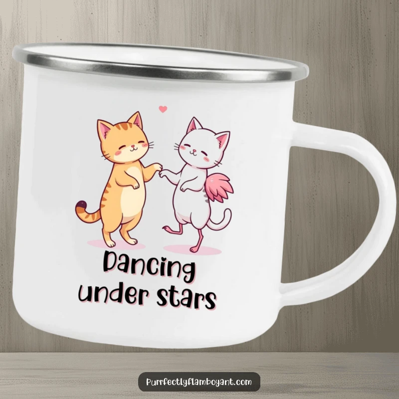 Funny kawaii cat and flamingo duo dancing on a camping mug, a fun funny gift.