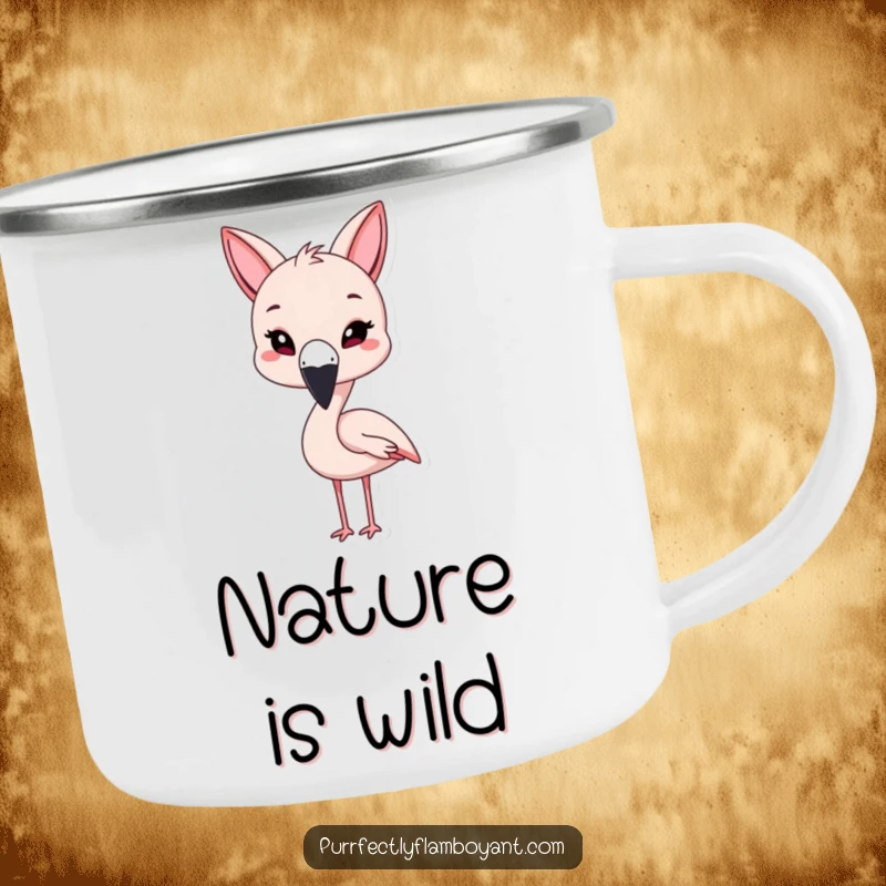 Funny kawaii flamingo with cat ears, playfully winking on a camping mug, a fun funny gift.