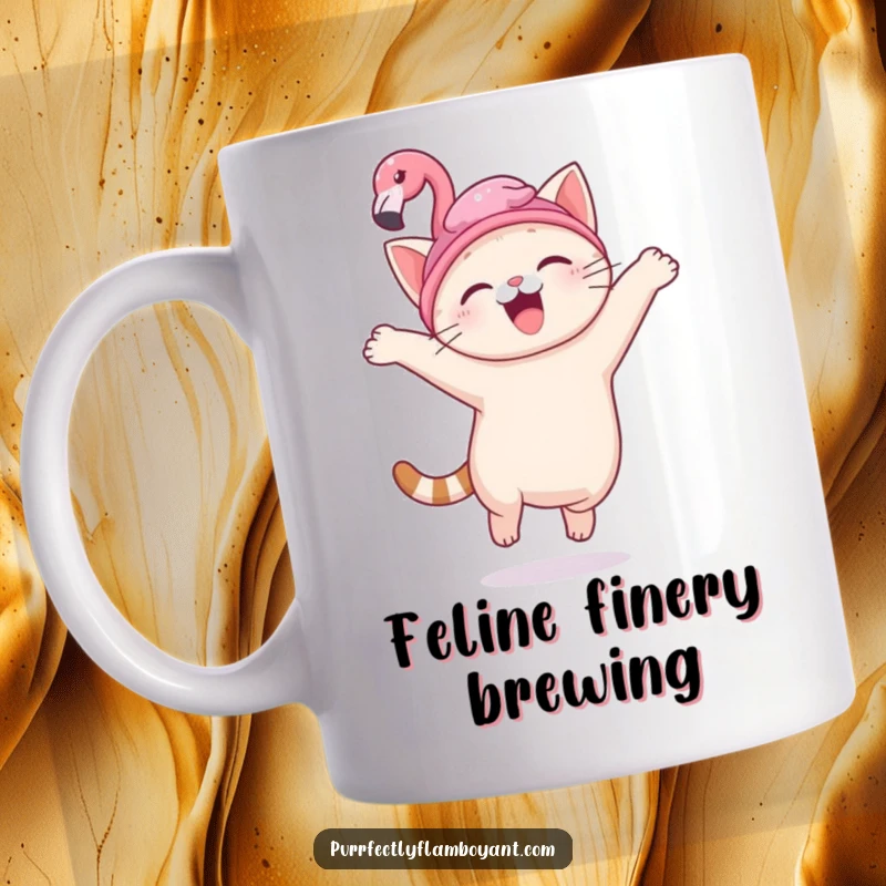 Funny kawaii cat wearing a tiny flamingo hat, leaping with pure joy, a delightful funny gift.