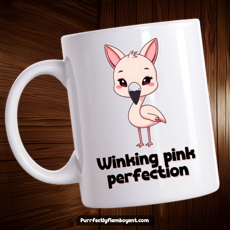 Funny kawaii flamingo wearing oversized cat ears, playfully winking, a delightful funny gift.
