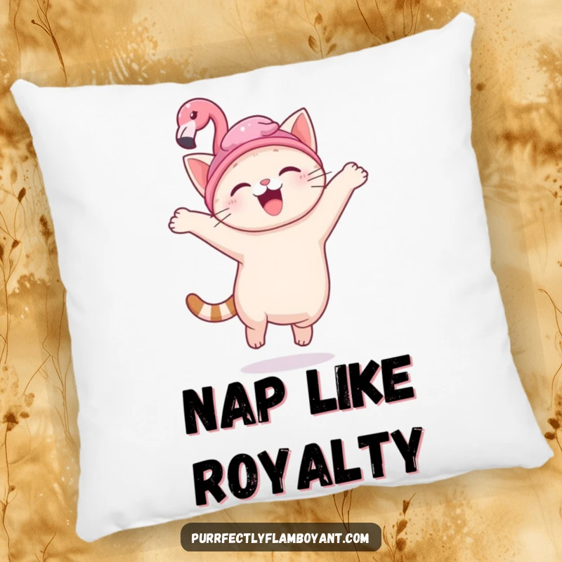 Funny kawaii cat with a flamingo hat, joyfully leaping on a soft pillow, a cozy funny gift.