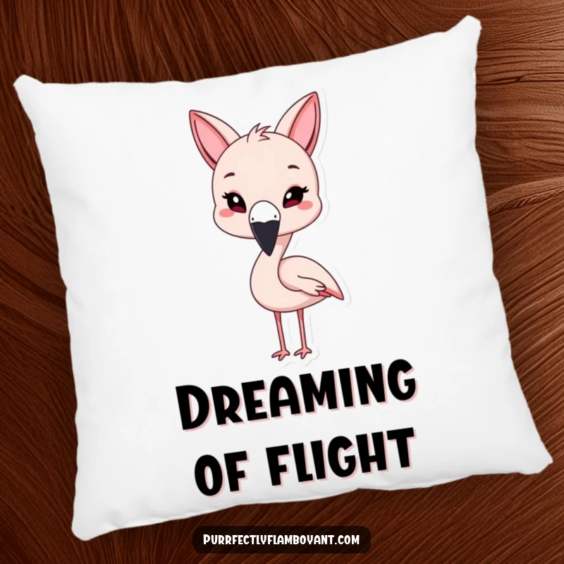 Funny kawaii flamingo with cat ears, playfully winking on a soft pillow, a cozy funny gift.
