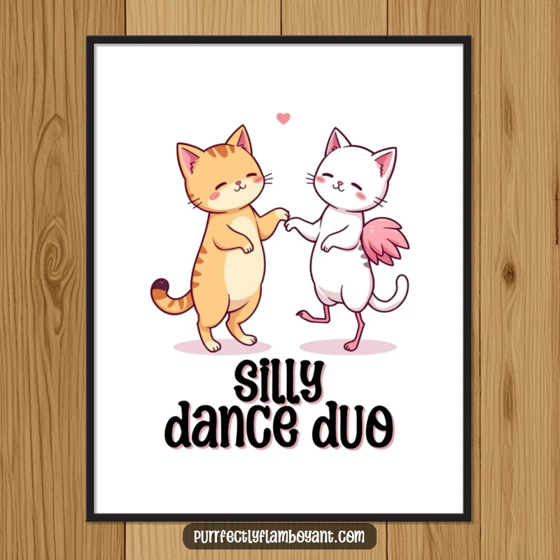 Funny kawaii cat and flamingo duo dancing in a digital print, a perfect funny gift.