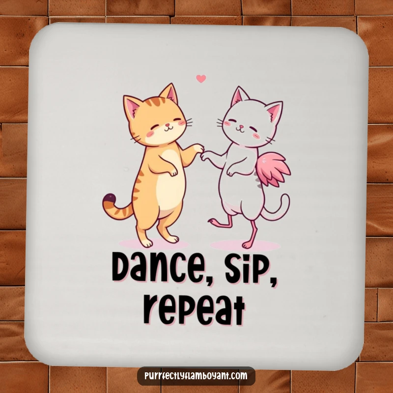 Funny kawaii cat and flamingo duo dancing on coasters, a cute funny gift.