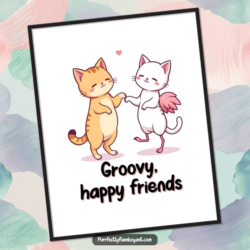 Funny kawaii cat and flamingo duo dancing in sync on a poster, a delightful funny gift.