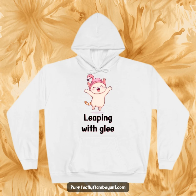 Funny kawaii cat in a flamingo hat, leaping with delight, a warm and funny gift.