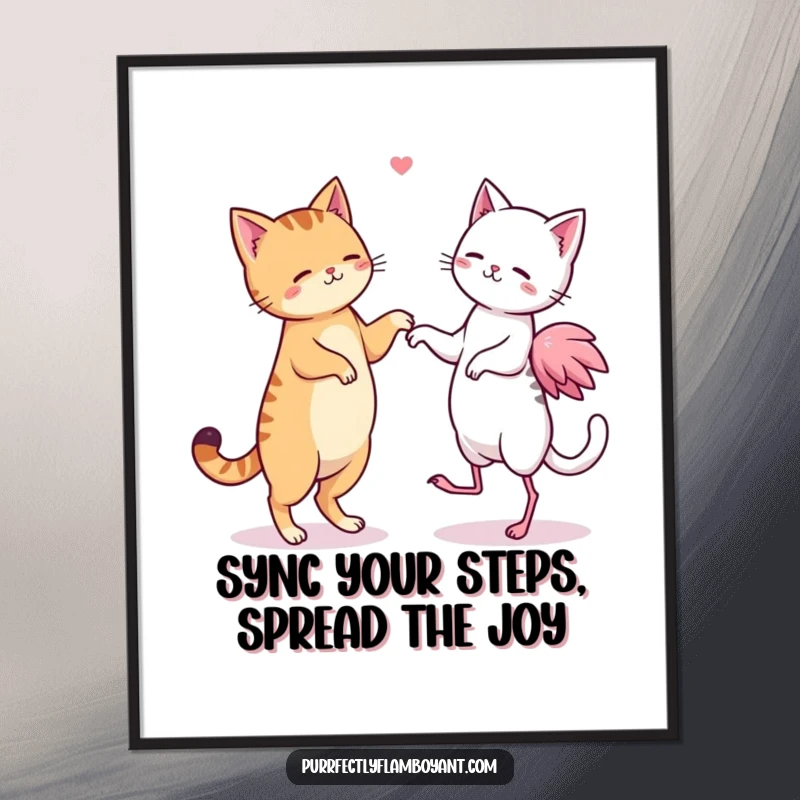 Funny free printable wall art depicting kawaii cats and flamingos engaged in a silly, synchronized dance.