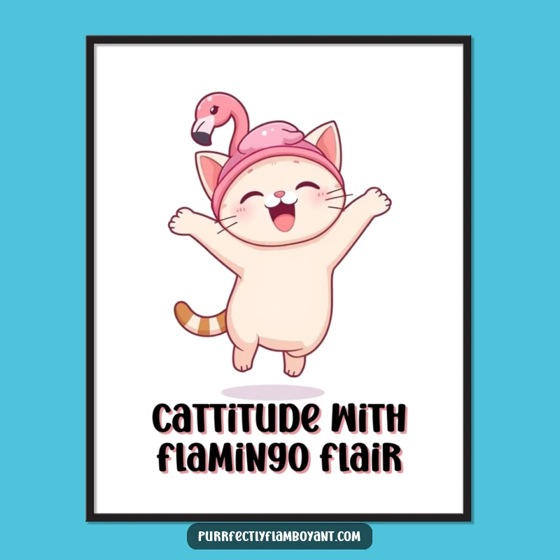 Funny Free Printable Wall Art: Kawaii Cat Flamingo Hat Downloadable Art Gift