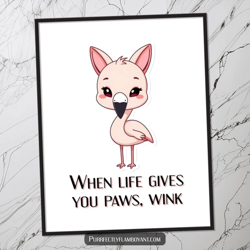 Funny free printable wall art depicting a kawaii flamingo wearing oversized cat ears and giving a playful wink.