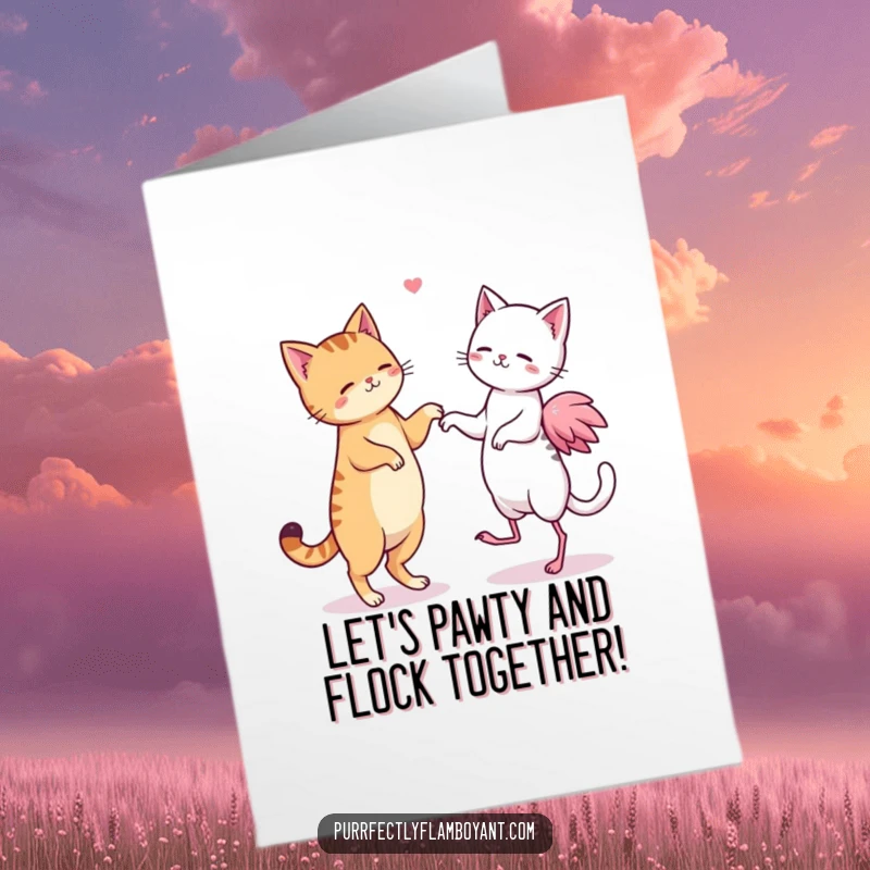 Funny free printable birthday card featuring kawaii cats and flamingos doing a silly, synchronized dance.