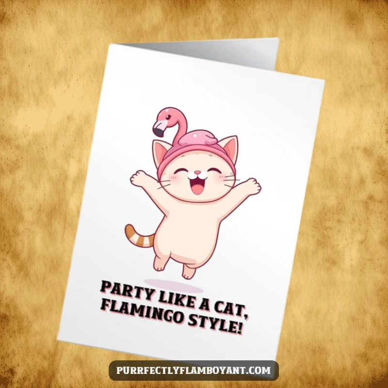 Funny free printable birthday card of a kawaii cat wearing a tiny flamingo hat, mid-leap with pure joy.