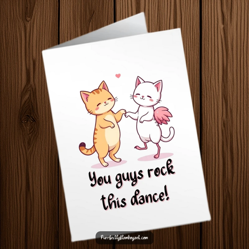 Funny free printable congratulations card with kawaii cats and flamingos performing a synchronized, silly dance.