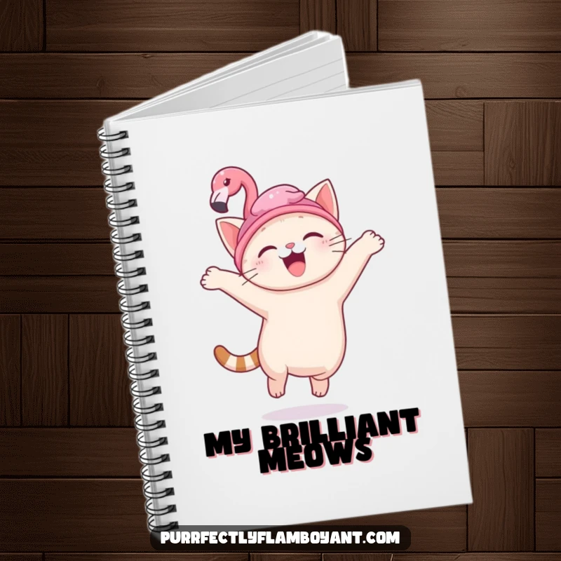 Funny kawaii cat with a flamingo hat, leaping with joy in a notebook, a useful funny gift.