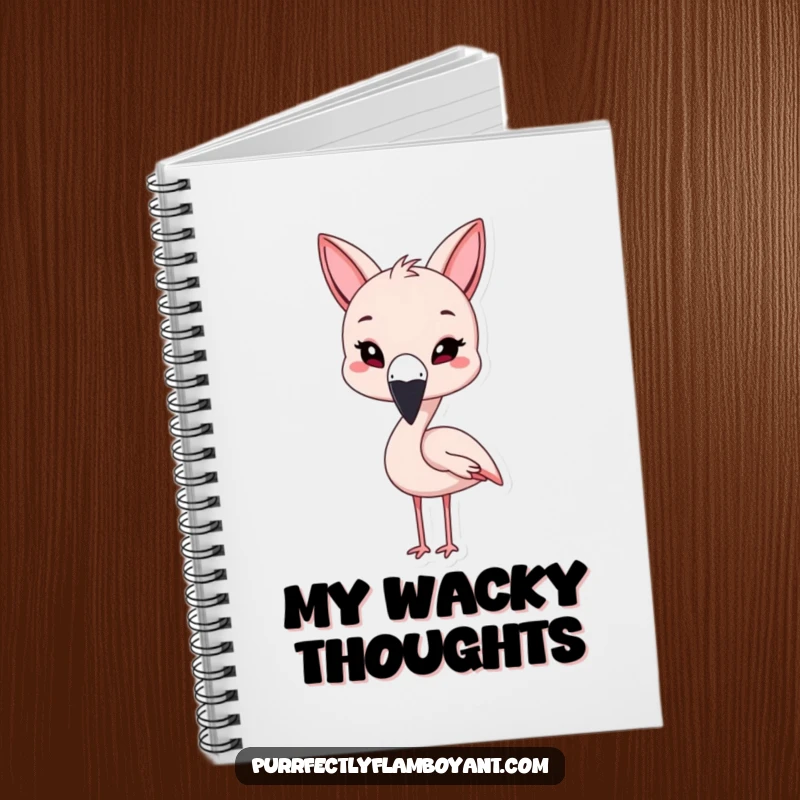 Funny kawaii flamingo with cat ears, playfully winking in a notebook, a useful funny gift.