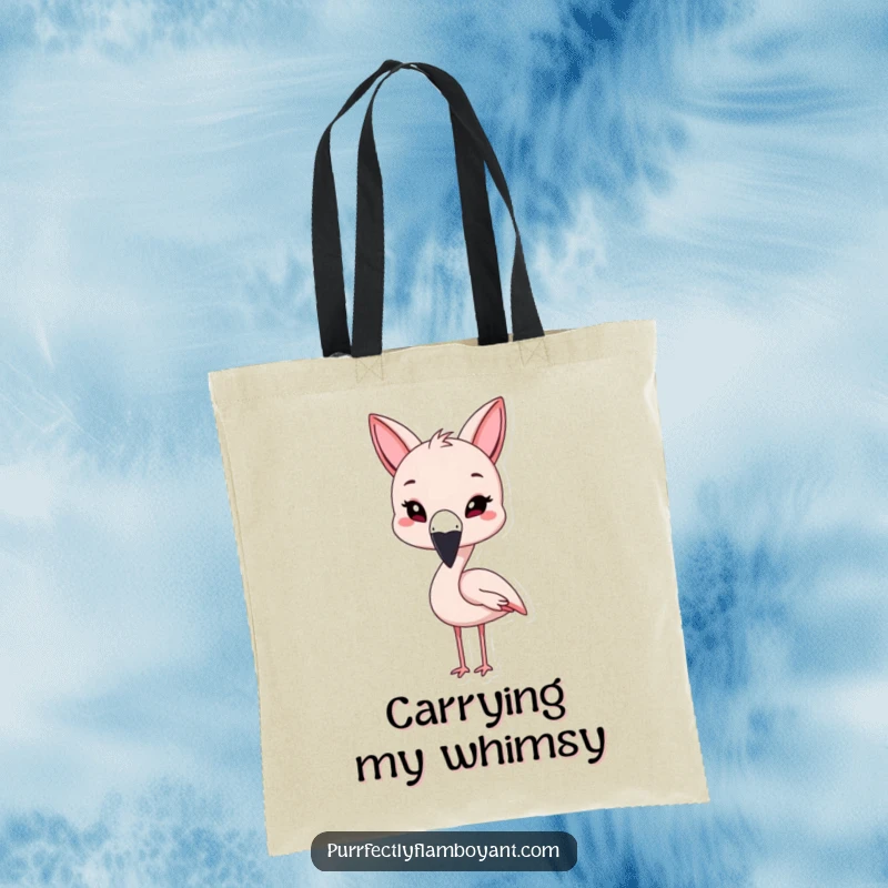 Funny kawaii flamingo with cat ears, playfully winking with a tote, a cute funny gift.