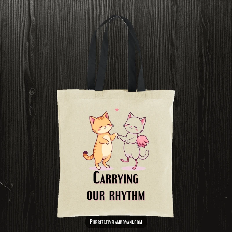 Funny kawaii cat and flamingo duo dancing with a tote, a cute funny gift.